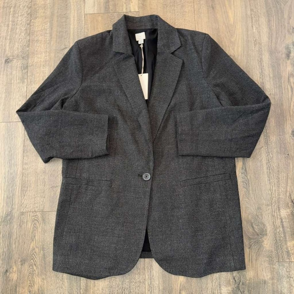 NWT A New Day Womens sz L Charcoal Plaid‎ Blazer Jacket Office Work professional